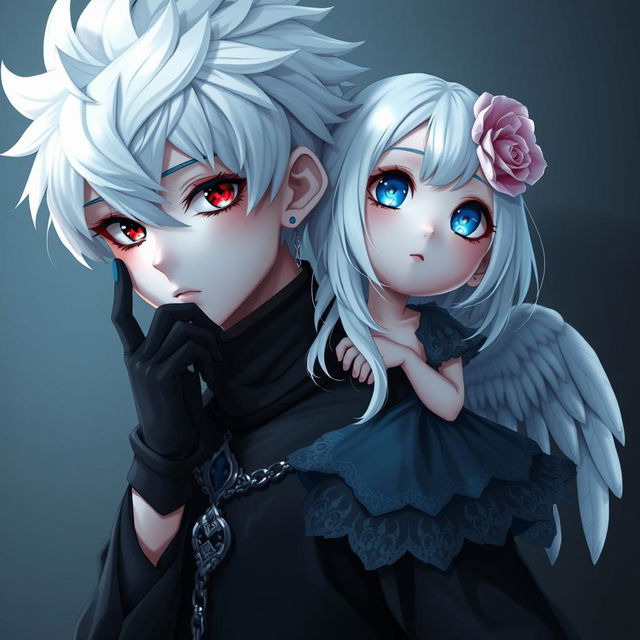 A wide 32k photorealistic image featuring an animated boy with distinctive white hair, wearing black and blue clothes that combine elements of the dark shadow of death and the dark soul
