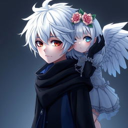 A wide 32k photorealistic image featuring an animated boy with distinctive white hair, wearing black and blue clothes that combine elements of the dark shadow of death and the dark soul