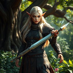 A majestic elf warrior standing tall in a verdant forest, dressed in intricately designed leather armor adorned with mystical runes