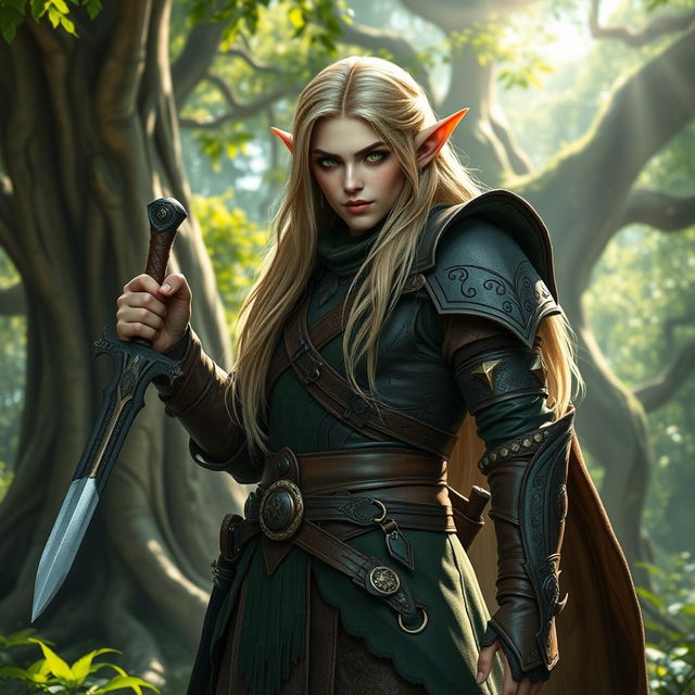 A majestic elf warrior standing tall in a verdant forest, dressed in intricately designed leather armor adorned with mystical runes