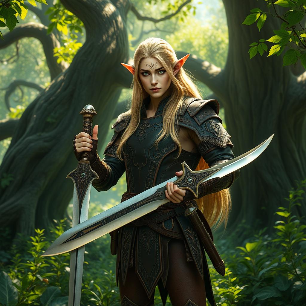 A majestic elf warrior standing tall in a verdant forest, dressed in intricately designed leather armor adorned with mystical runes