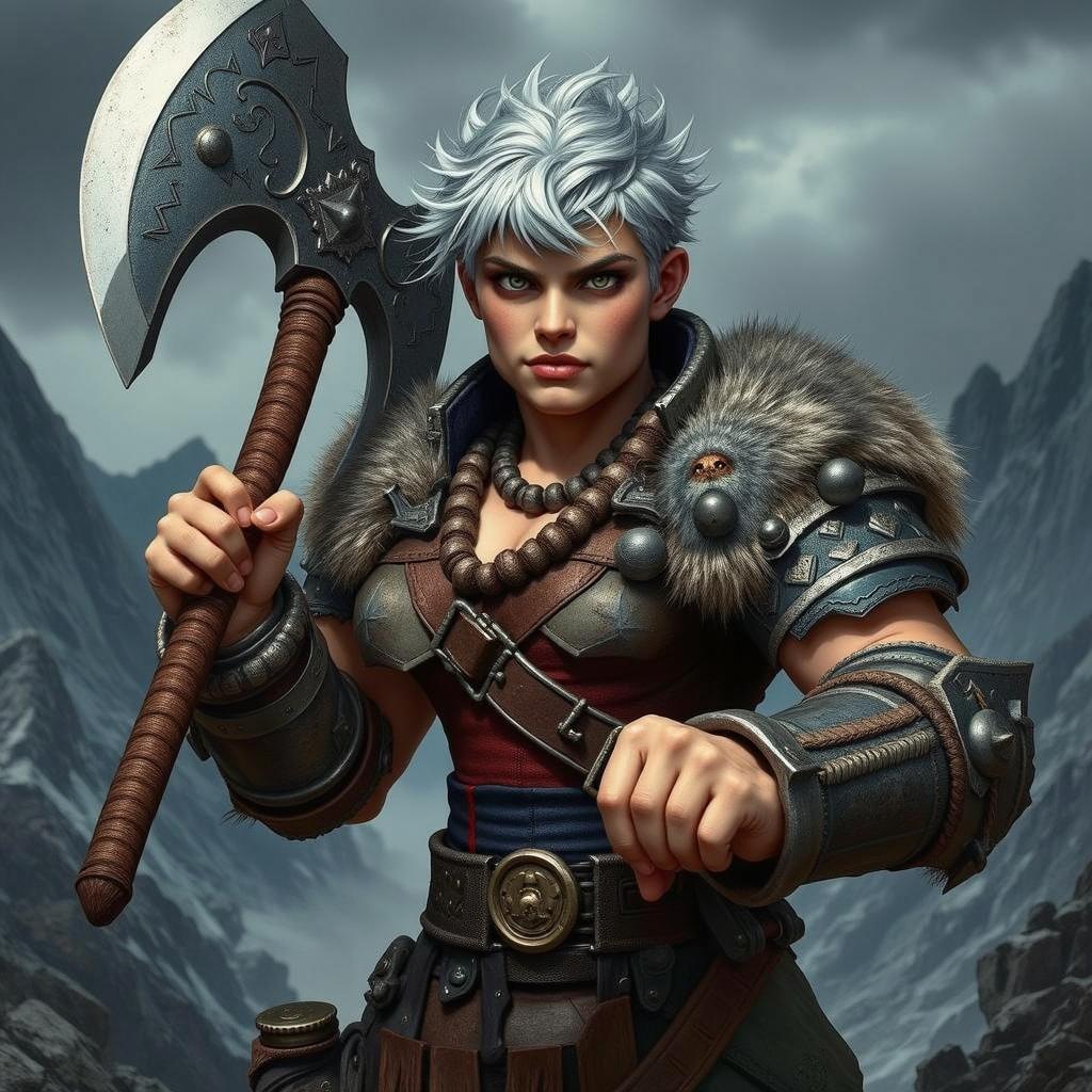 A grumpy, stocky silver-haired barbarian dwarven lady stands resolutely, wielding a massive great axe with both hands