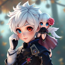 A photorealistic, 32k wide image of an animated young boy with striking features