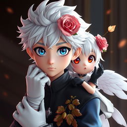 A photorealistic, 32k wide image of an animated young boy with striking features