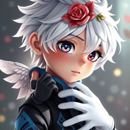 A photorealistic, 32k wide image of an animated young boy with striking features