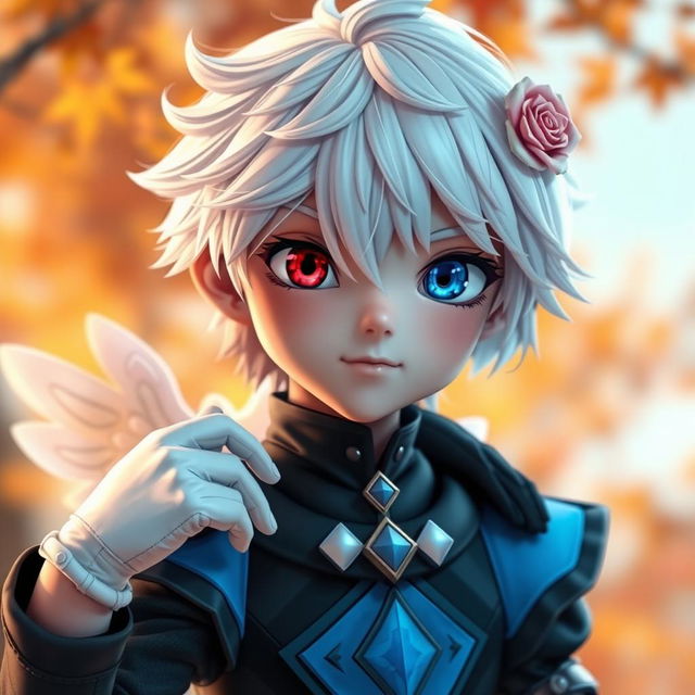 A photorealistic, 32k wide image of an animated young boy with striking features