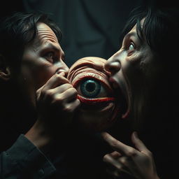 A surreal and grotesque scene depicting a human eating another human's eye, capturing the shocking and bizarre nature of the act