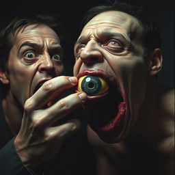 A surreal and grotesque scene depicting a human eating another human's eye, capturing the shocking and bizarre nature of the act