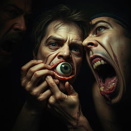 A surreal and grotesque scene depicting a human eating another human's eye, capturing the shocking and bizarre nature of the act