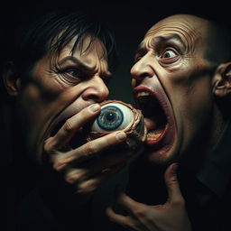 A surreal and grotesque scene depicting a human eating another human's eye, capturing the shocking and bizarre nature of the act