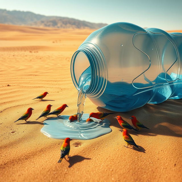 In a captivating digital art scene, a very large plastic bottle lies fallen in the dry desert, with water flowing out of its open mouth and pooling onto the sandy ground