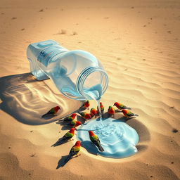 In a captivating digital art scene, a very large plastic bottle lies fallen in the dry desert, with water flowing out of its open mouth and pooling onto the sandy ground