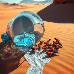 In a captivating digital art scene, a very large plastic bottle lies fallen in the dry desert, with water flowing out of its open mouth and pooling onto the sandy ground