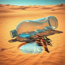 In a captivating digital art scene, a very large plastic bottle lies fallen in the dry desert, with water flowing out of its open mouth and pooling onto the sandy ground