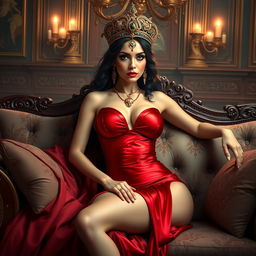 A stunning depiction of Queen Semiramis, exuding confidence and allure, dressed in a sexy red outfit that accentuates her figure