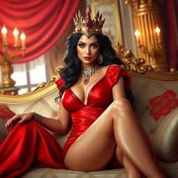 A stunning depiction of Queen Semiramis, exuding confidence and allure, dressed in a sexy red outfit that accentuates her figure