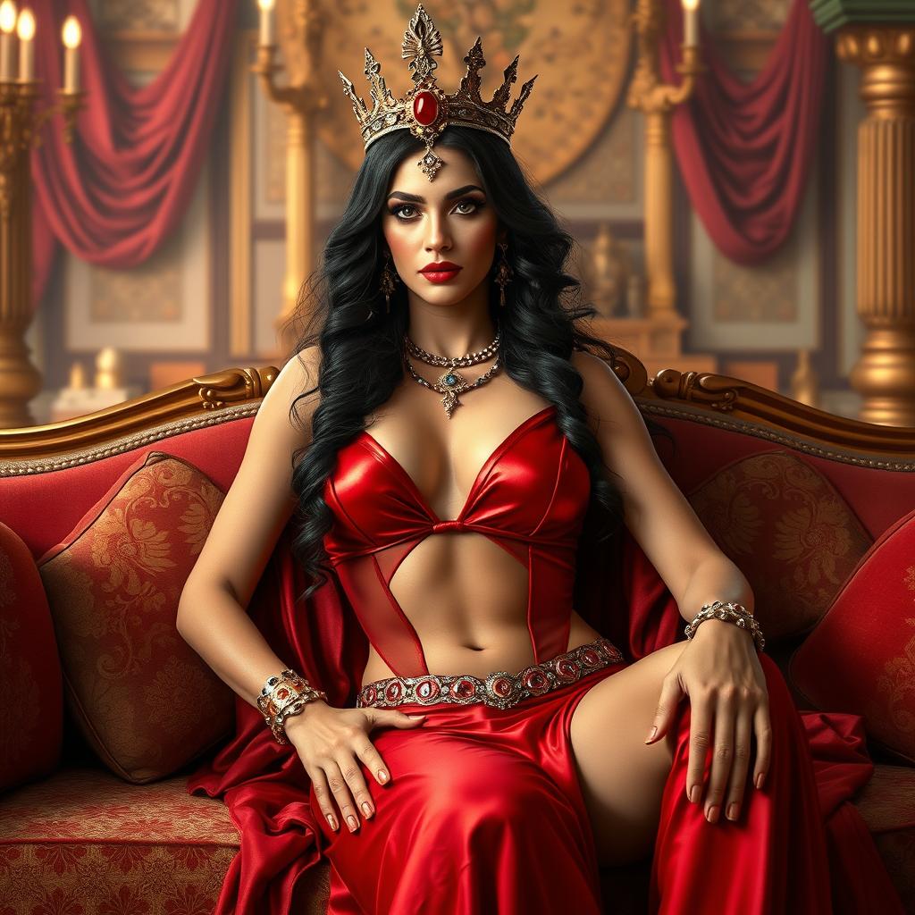 A stunning depiction of Queen Semiramis, exuding confidence and allure, dressed in a sexy red outfit that accentuates her figure