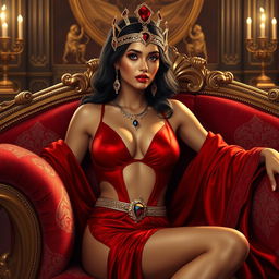 A stunning depiction of Queen Semiramis, exuding confidence and allure, dressed in a sexy red outfit that accentuates her figure