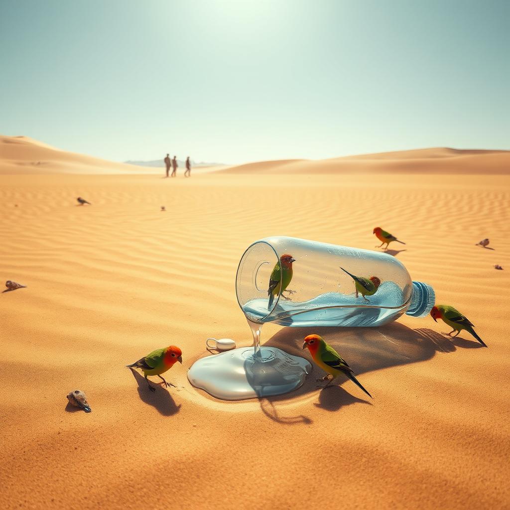 In a captivating digital art scene, a plastic bottle lies fallen in the arid desert, with water flowing out of it and pooling on the sandy ground