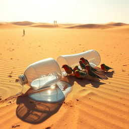In a captivating digital art scene, a plastic bottle lies fallen in the arid desert, with water flowing out of it and pooling on the sandy ground