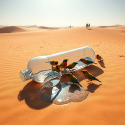 In a captivating digital art scene, a plastic bottle lies fallen in the arid desert, with water flowing out of it and pooling on the sandy ground
