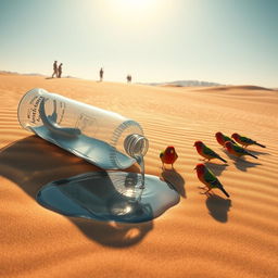 In a captivating digital art scene, a plastic bottle lies fallen in the arid desert, with water flowing out of it and pooling on the sandy ground