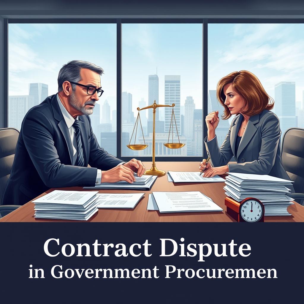 An illustrative book cover design that conveys the theme of 'Contract Dispute in Government Procurement'