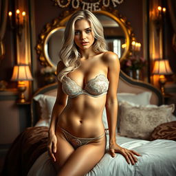 A stunning blonde model posing elegantly in a luxurious boudoir setting