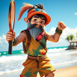 A dwarf Asian ranger with a confident stance, holding a beach tennis racket