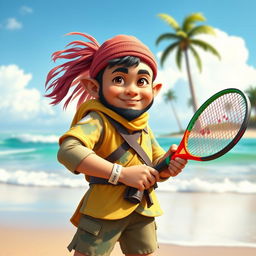 A dwarf Asian ranger with a confident stance, holding a beach tennis racket