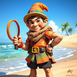A dwarf Asian ranger with a confident stance, holding a beach tennis racket