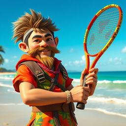 A dwarf Asian ranger with a confident stance, holding a beach tennis racket