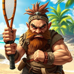 An angry dwarf Asian ranger in a dynamic D&D style, gripping a beach tennis racket with determination
