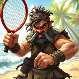 An angry dwarf Asian ranger in a dynamic D&D style, gripping a beach tennis racket with determination