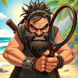 An angry dwarf Asian ranger in a dynamic D&D style, gripping a beach tennis racket with determination