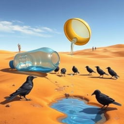 In a detailed digital art scene, a plastic bottle is depicted lying in the arid desert, with water pouring out of its open lid onto the sandy ground
