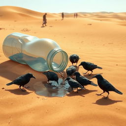 In a detailed digital art scene, a plastic bottle is depicted lying in the arid desert, with water pouring out of its open lid onto the sandy ground