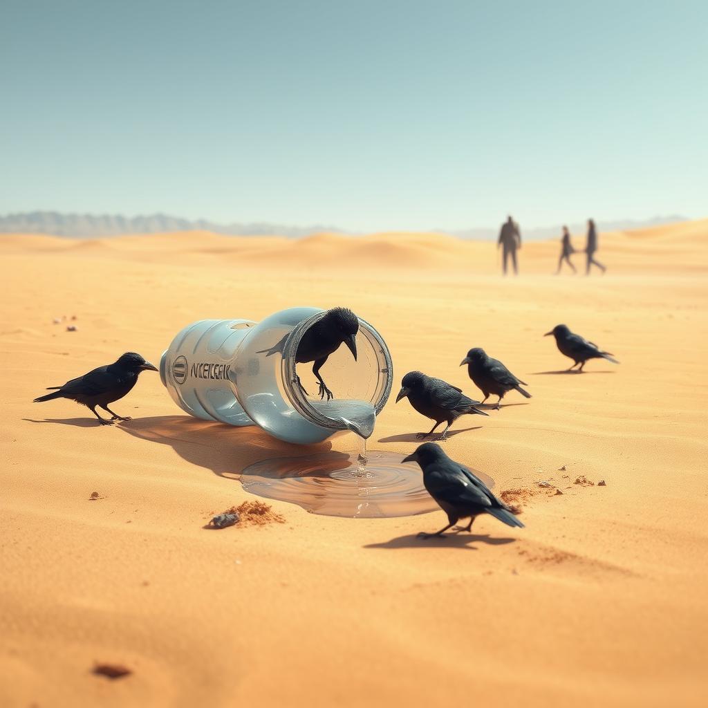 In a detailed digital art scene, a plastic bottle is depicted lying in the arid desert, with water pouring out of its open lid onto the sandy ground