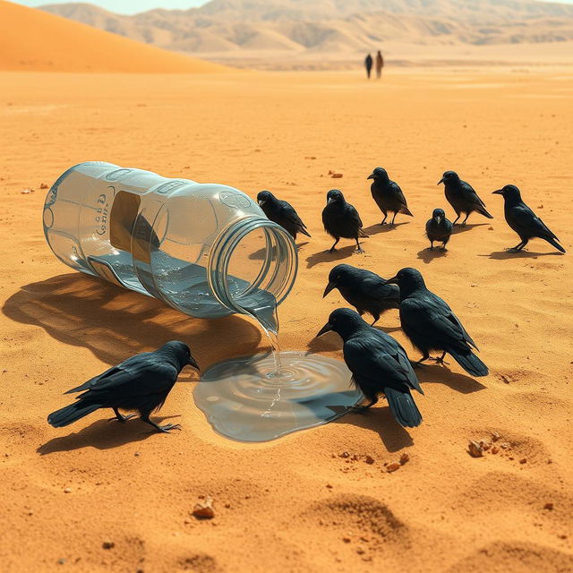 In a detailed digital art scene, a plastic bottle is depicted lying in the arid desert, with water pouring out of its open lid onto the sandy ground