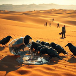 In a striking digital art scene, a plastic bottle is shown fallen in the vast desert, with water cascading out of its open lid and pooling on the dry sand