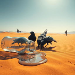 In a striking digital art scene, a plastic bottle is shown fallen in the vast desert, with water cascading out of its open lid and pooling on the dry sand