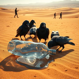 In a striking digital art scene, a plastic bottle is shown fallen in the vast desert, with water cascading out of its open lid and pooling on the dry sand