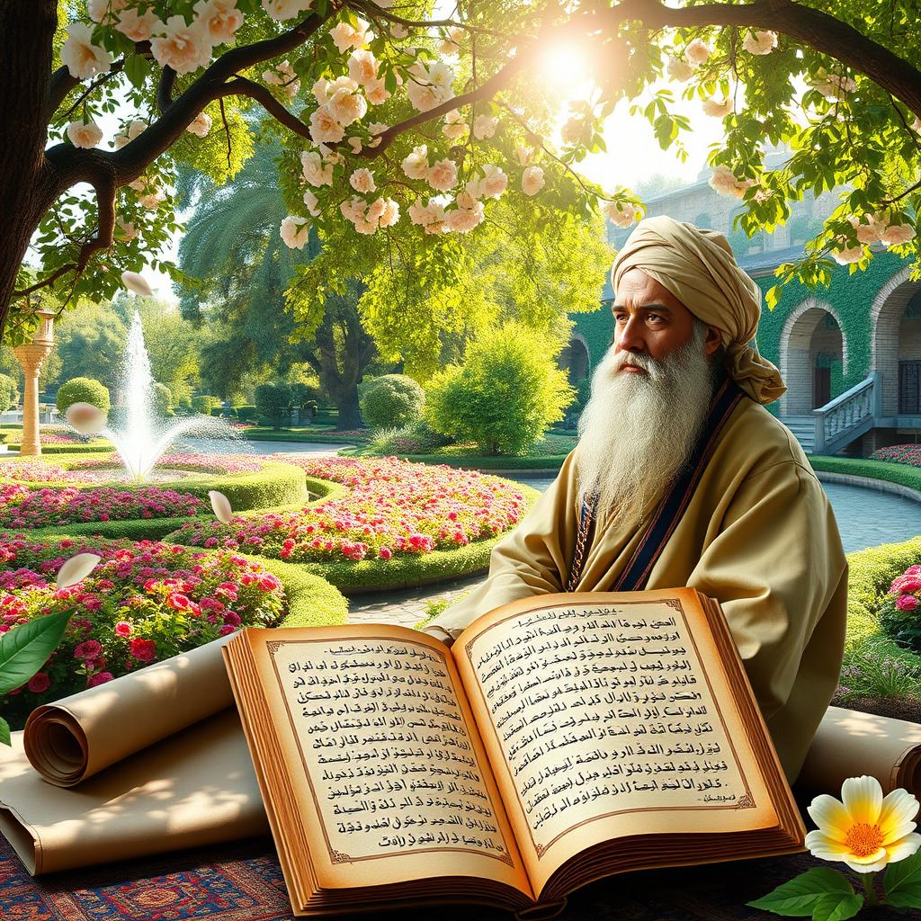 A vibrant photo montage featuring the famed Persian poet Saadi, known for his rich poetry and wisdom