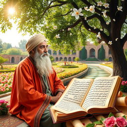 A vibrant photo montage featuring the famed Persian poet Saadi, known for his rich poetry and wisdom