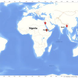 A world map that prominently marks Nigeria, Pakistan, Honduras, Brazil, and Congo