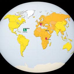 A world map that prominently marks Nigeria, Pakistan, Honduras, Brazil, and Congo