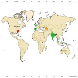 A world map that prominently marks Nigeria, Pakistan, Honduras, Brazil, and Congo