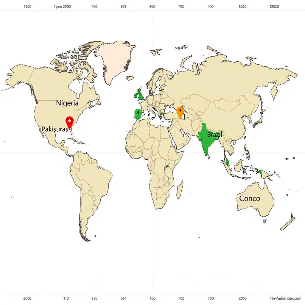A world map that prominently marks Nigeria, Pakistan, Honduras, Brazil, and Congo