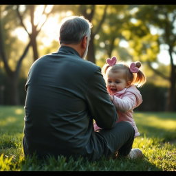 A scene depicting a man resembling Qassem Soleimani sitting on green grass from behind, with a three-year-old girl wearing a pink jacket and heart-shaped earrings playing on his knee