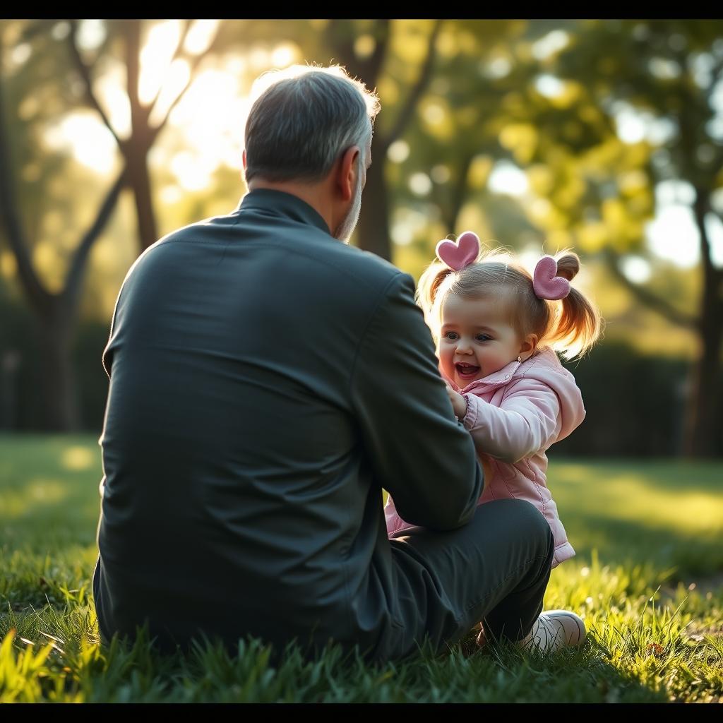 A scene depicting a man resembling Qassem Soleimani sitting on green grass from behind, with a three-year-old girl wearing a pink jacket and heart-shaped earrings playing on his knee